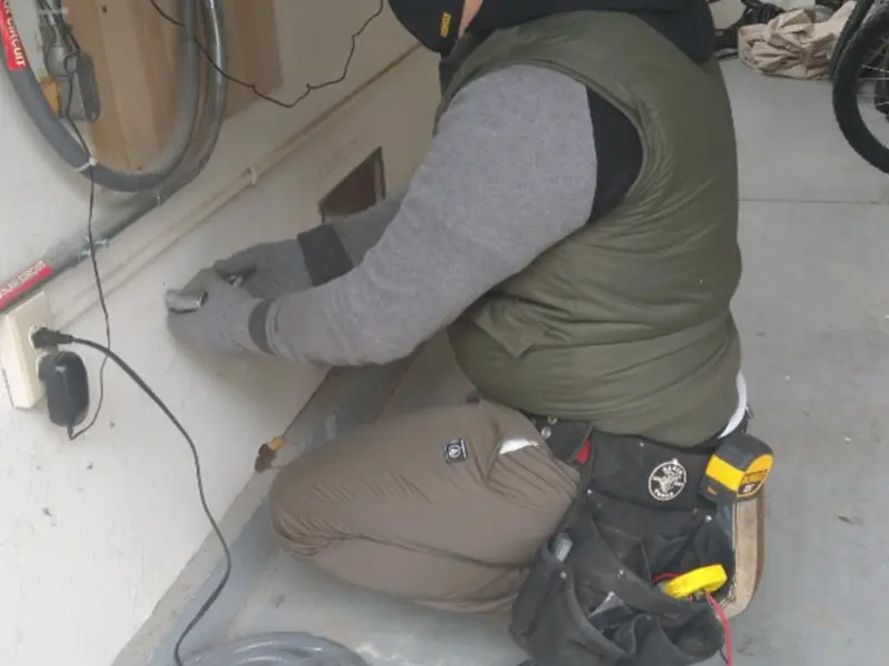 Electrician performing outlet wiring in a Fishersville garage